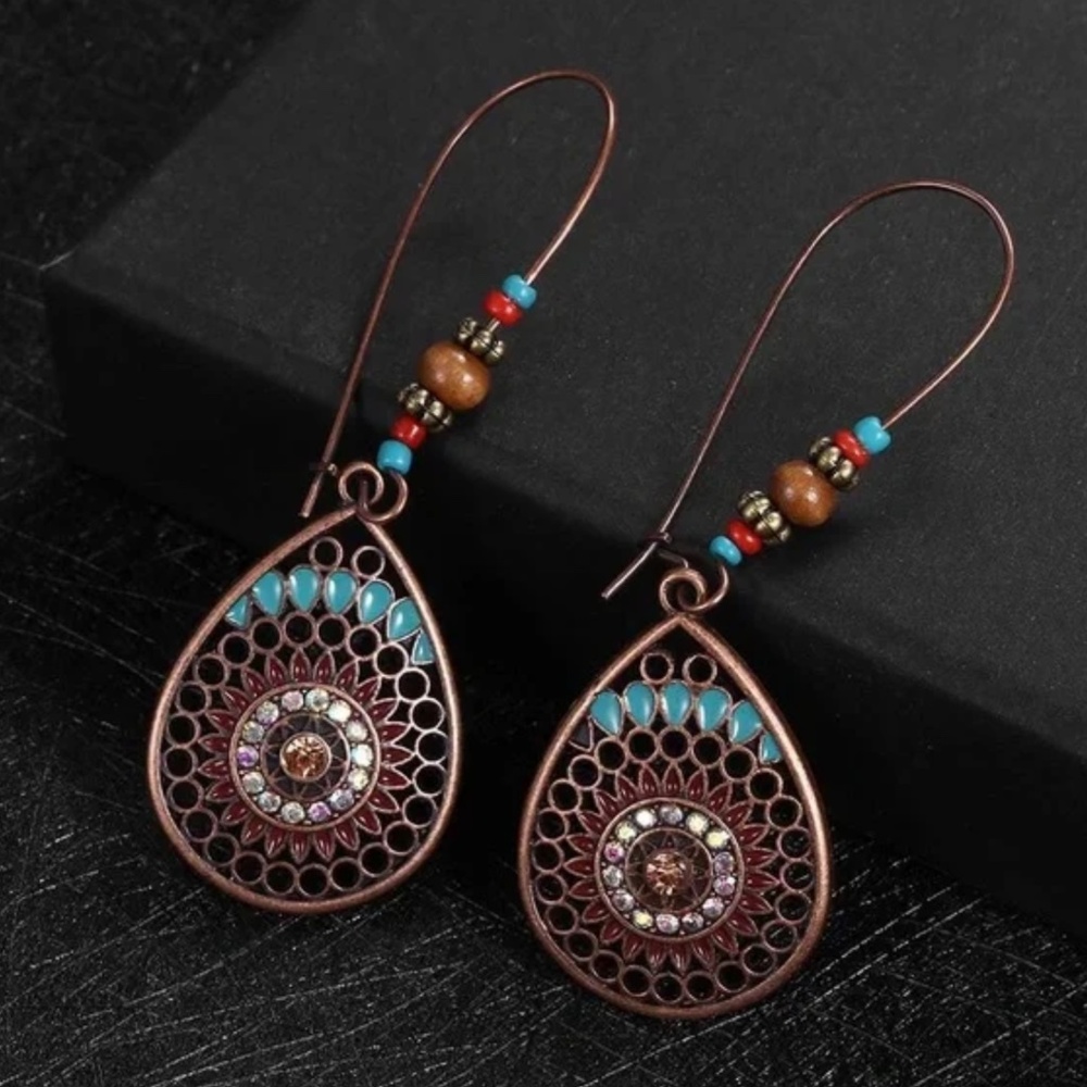 Earrings pierced Boho Glam teardrop drop dangle Copper beaded - Picture 2 of 4